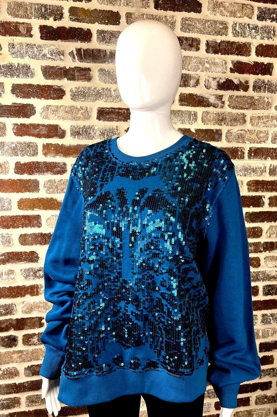 Anthropologie Sequin Crew Neck Ribbed Trim Teal Blue Sweatshirt Women's Size XL